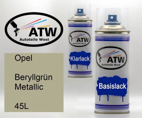 Opel, Beryllgrün Metallic, 45L: 400ml Sprühdose + 400ml Klarlack - Set, von ATW Autoteile West.